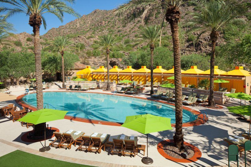 A large swimming pool surrounded by palm trees and umbrellas