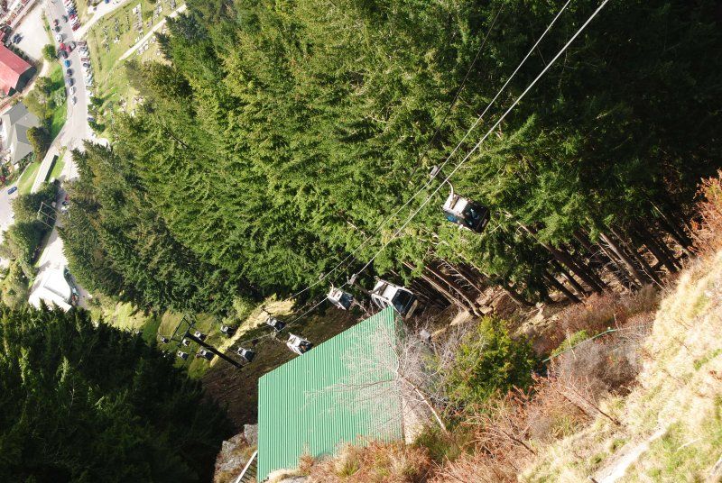 A ski lift is going up a hill surrounded by trees.