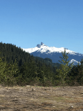 There is a mountain in the background with snow on it.