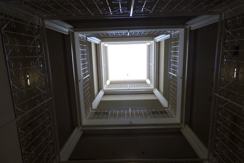 Looking up at the ceiling of a building