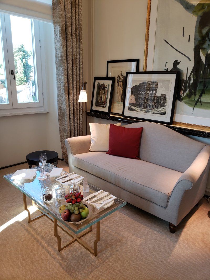 A living room with a couch and a coffee table