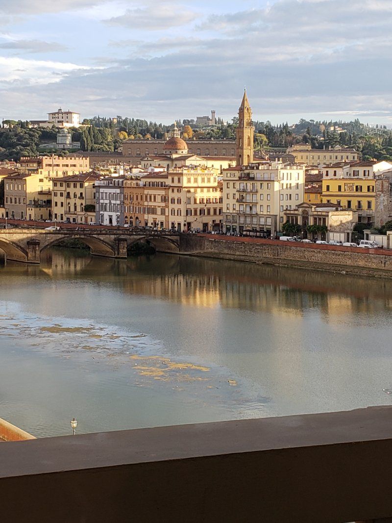 A view of a city from a bridge over a river.