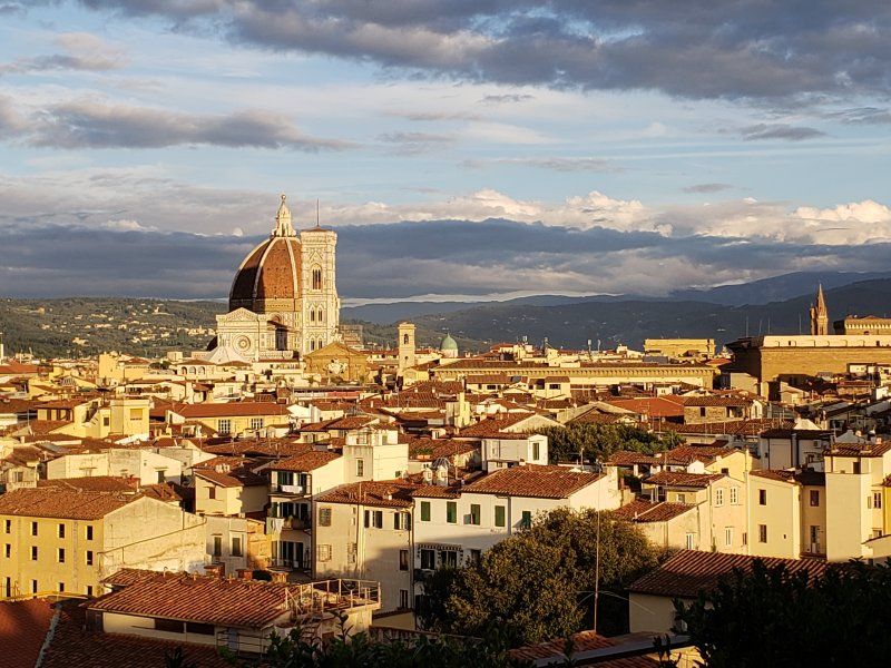 An aerial view of a city with mountains in the background