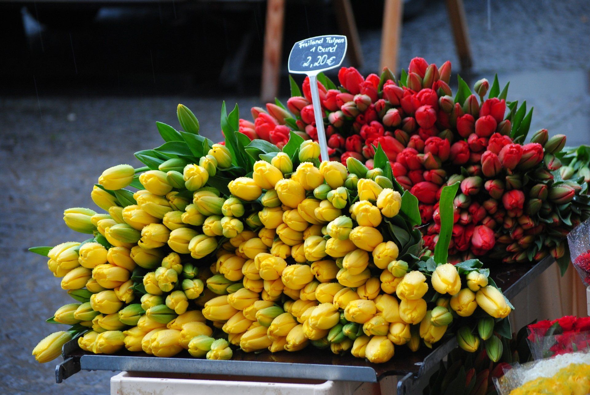 A bunch of yellow and red flowers are for sale