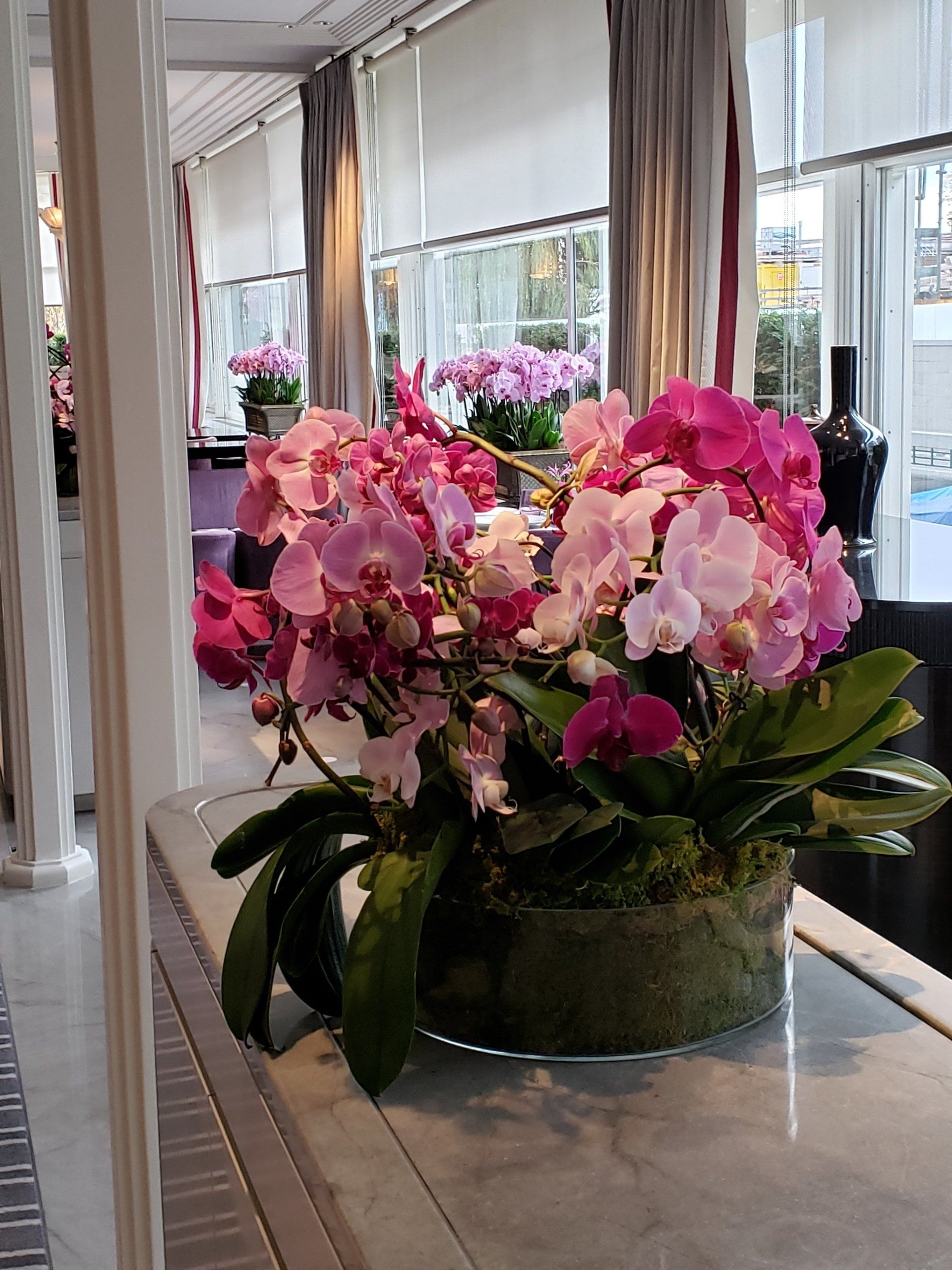 A vase filled with pink flowers is sitting on a table.
