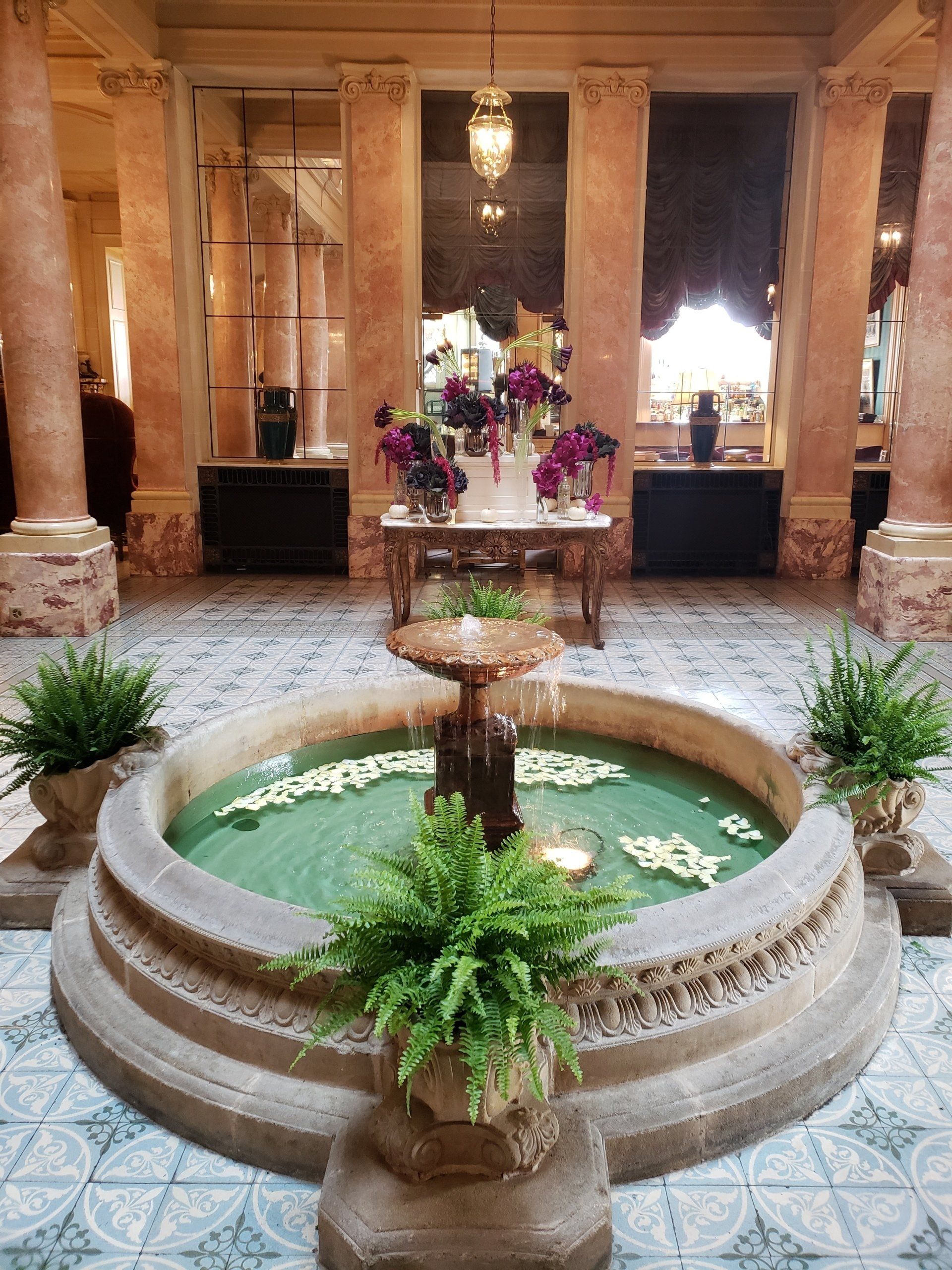 There is a fountain in the middle of the room surrounded by plants.