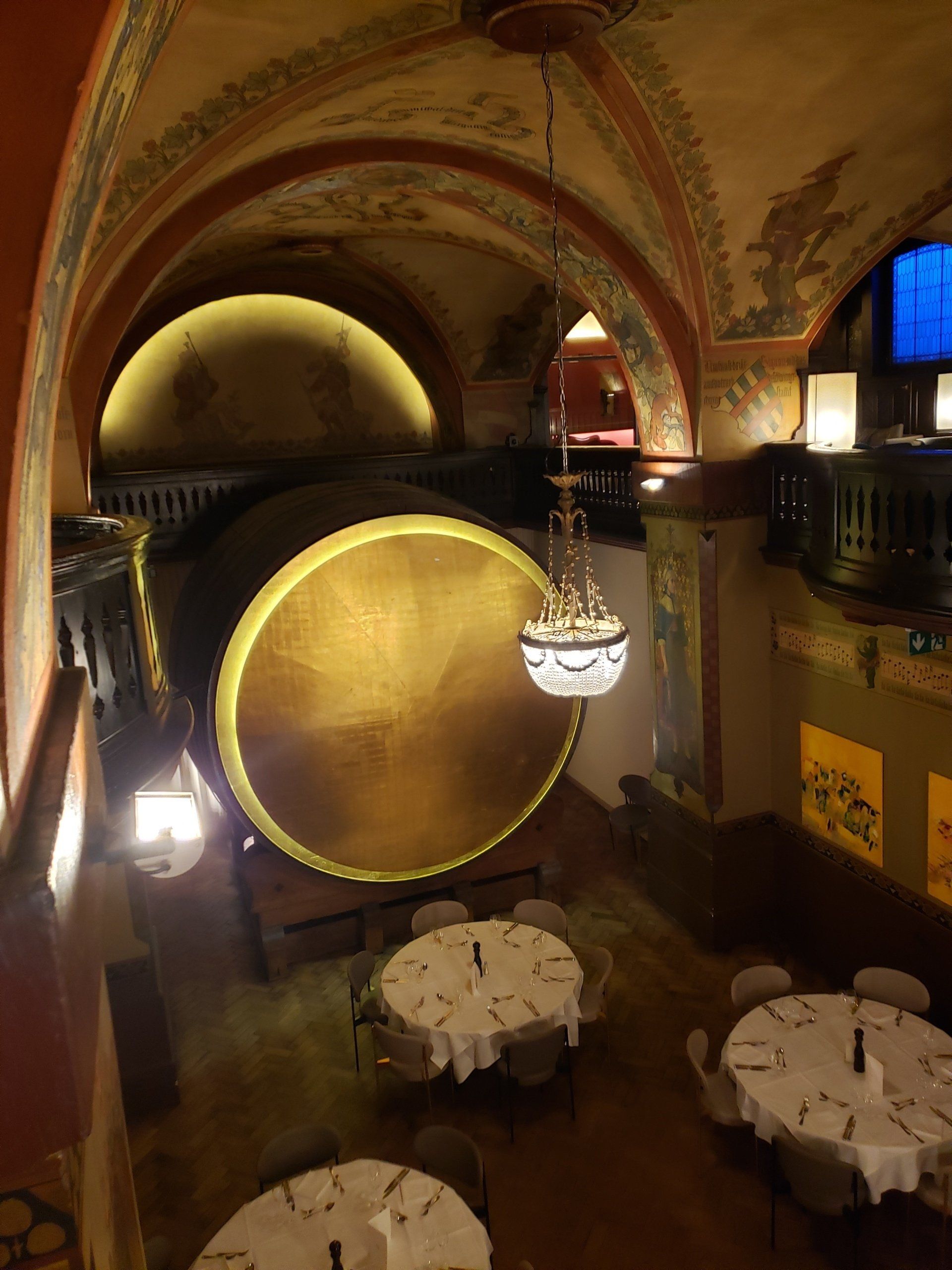 An aerial view of a restaurant with tables and chairs