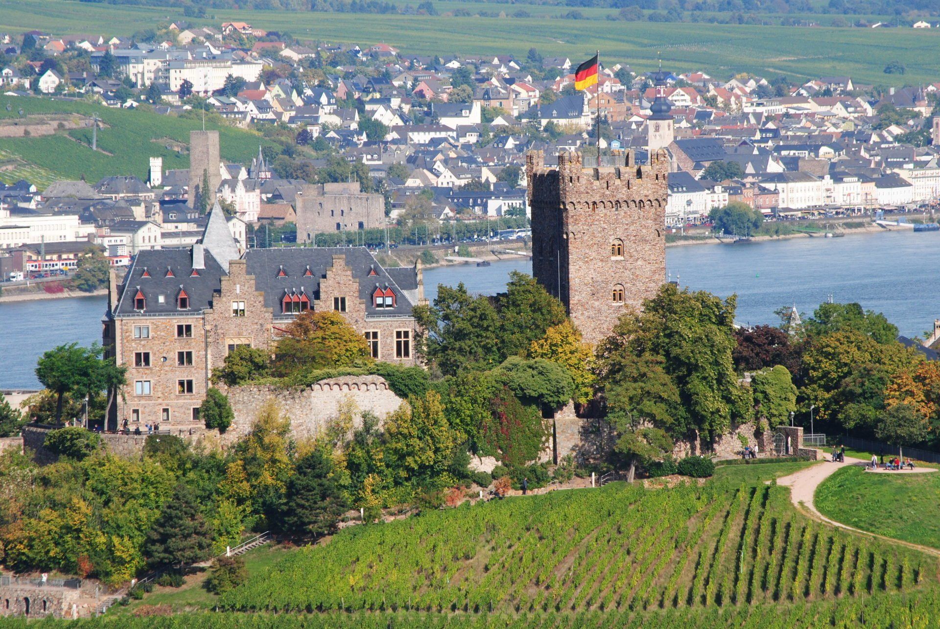 A castle with a german flag on top of it