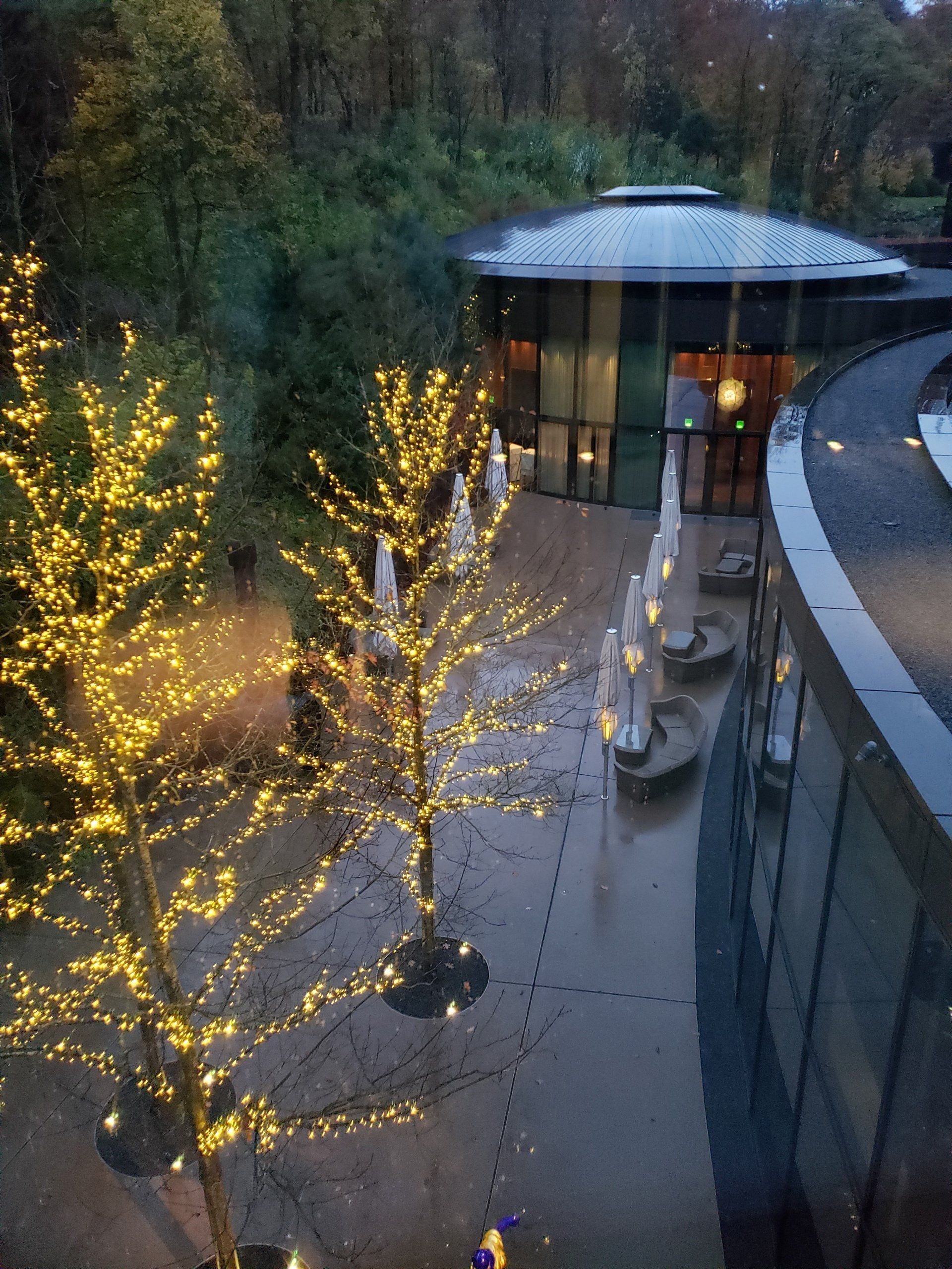 An aerial view of a building with a lot of lights on the trees