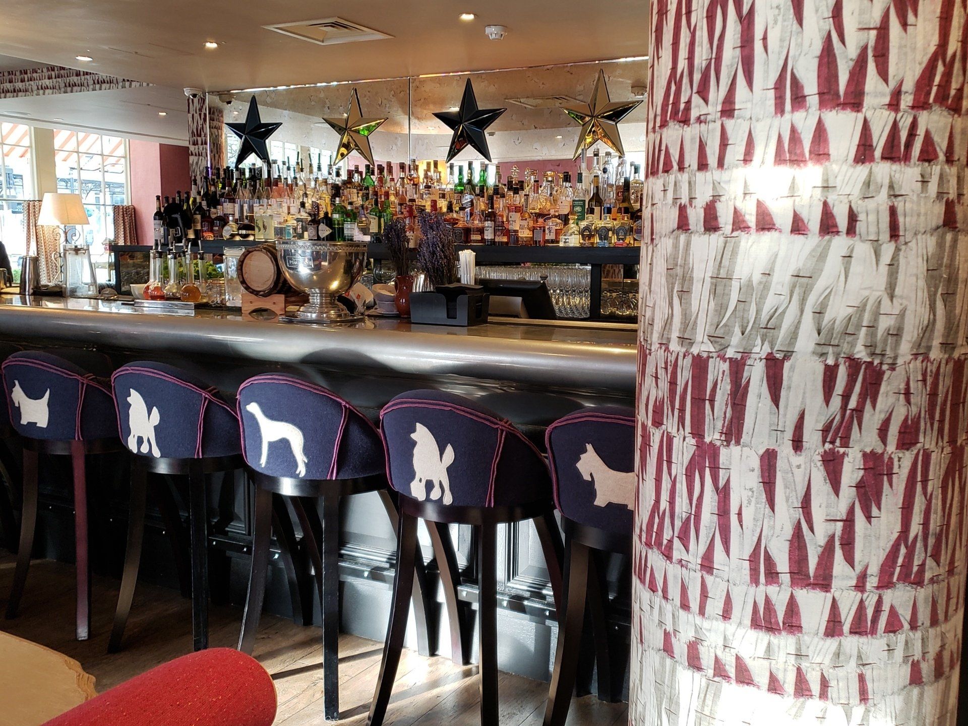A bar with stools that have dogs on them