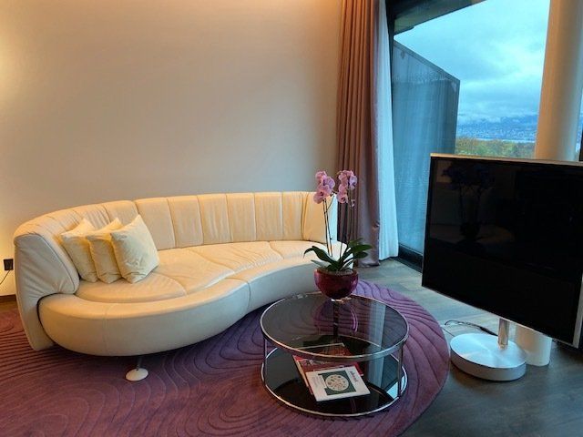 A living room with a curved couch and a flat screen tv