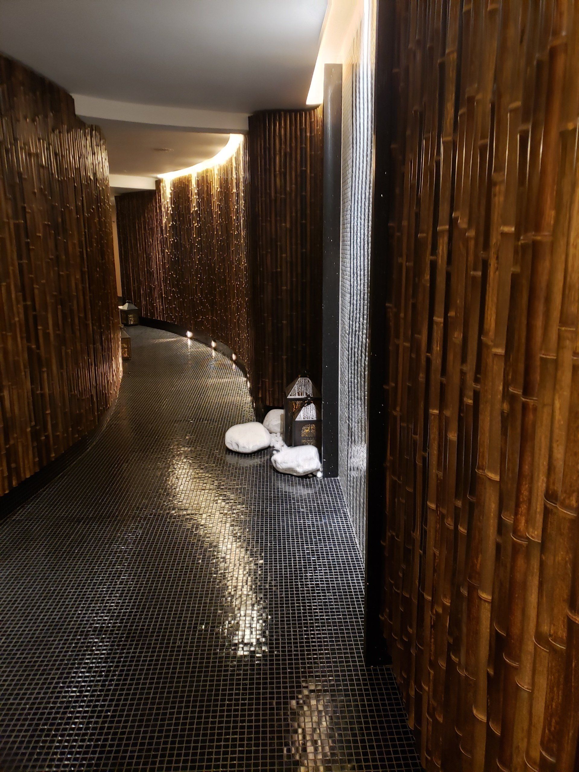 A hallway with wooden walls and a waterfall in the middle