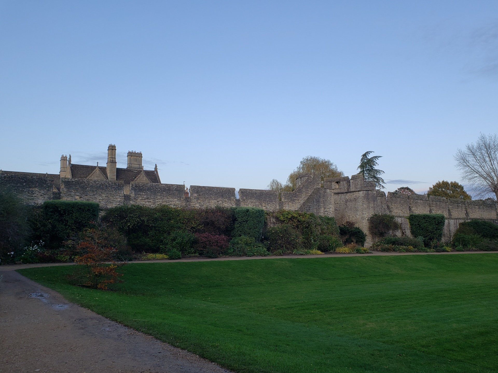 A large grassy field with a stone wall in the background