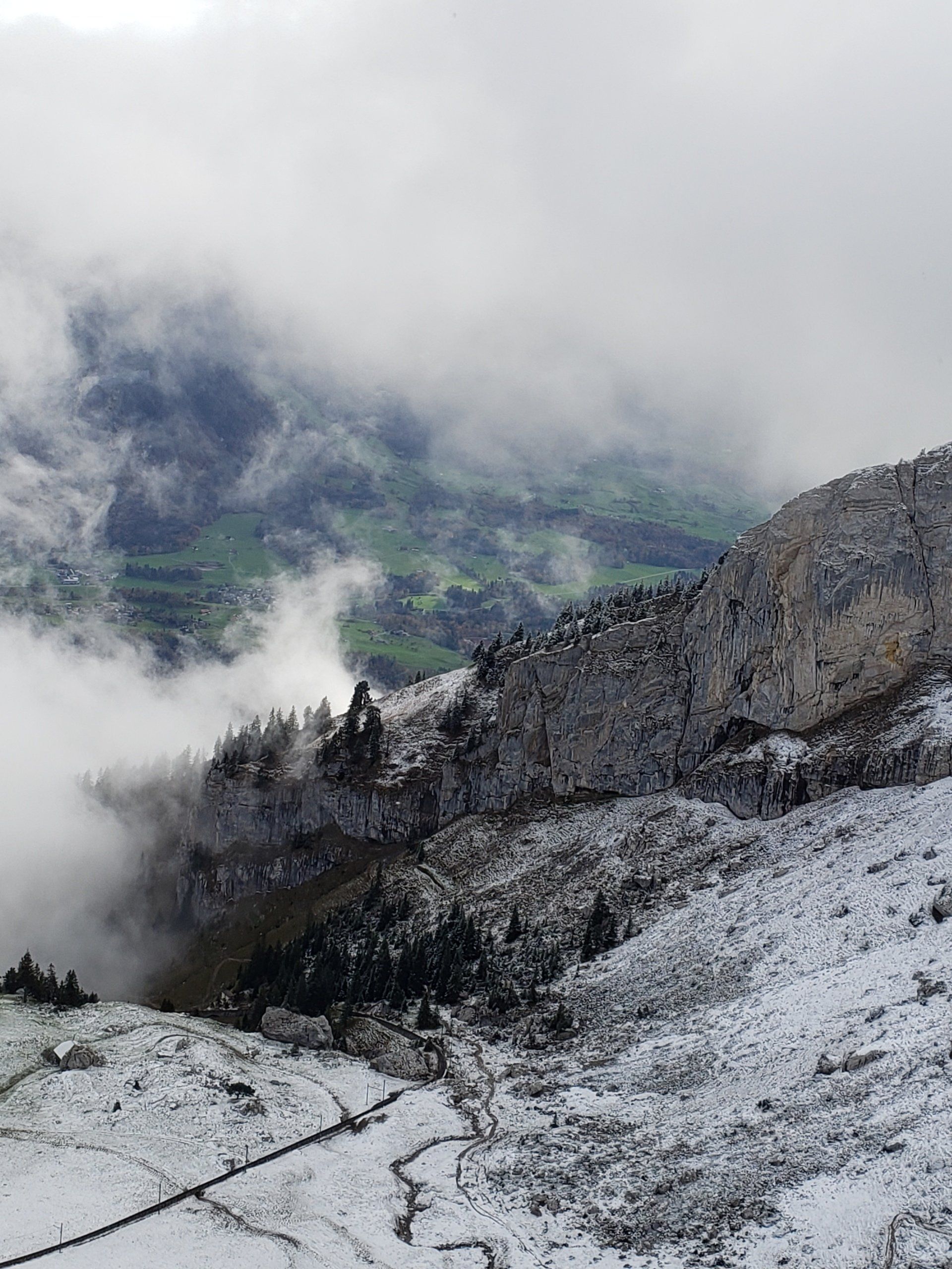 A mountain covered in snow and clouds with trees in the background.