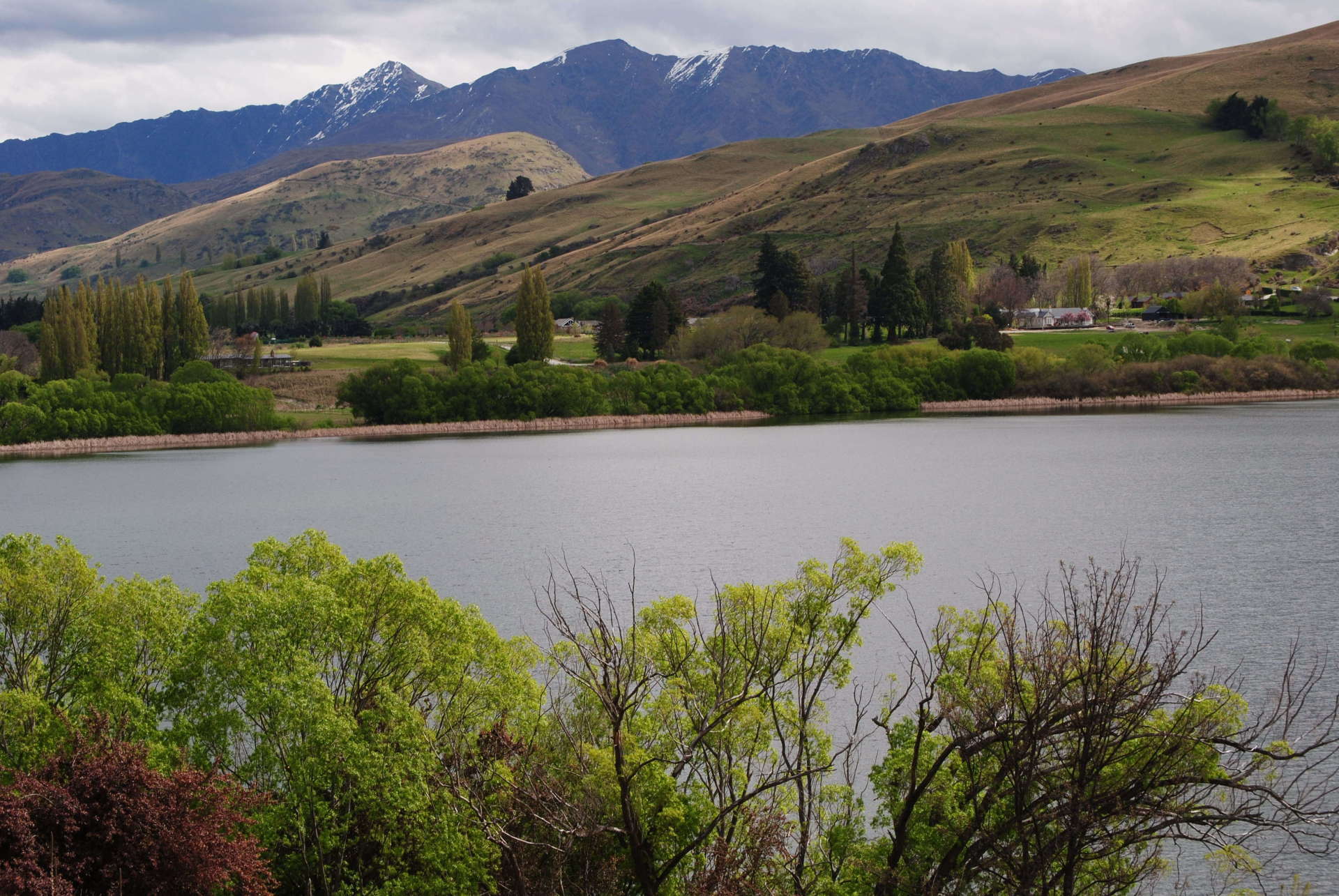 A lake with mountains in the background and trees in the foreground