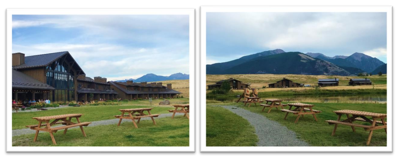 Two pictures of a picnic area with mountains in the background