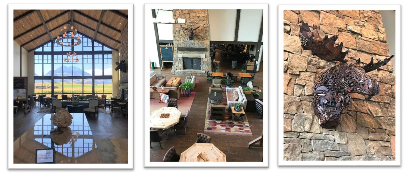 Three pictures of a living room , a fireplace , and a rock.