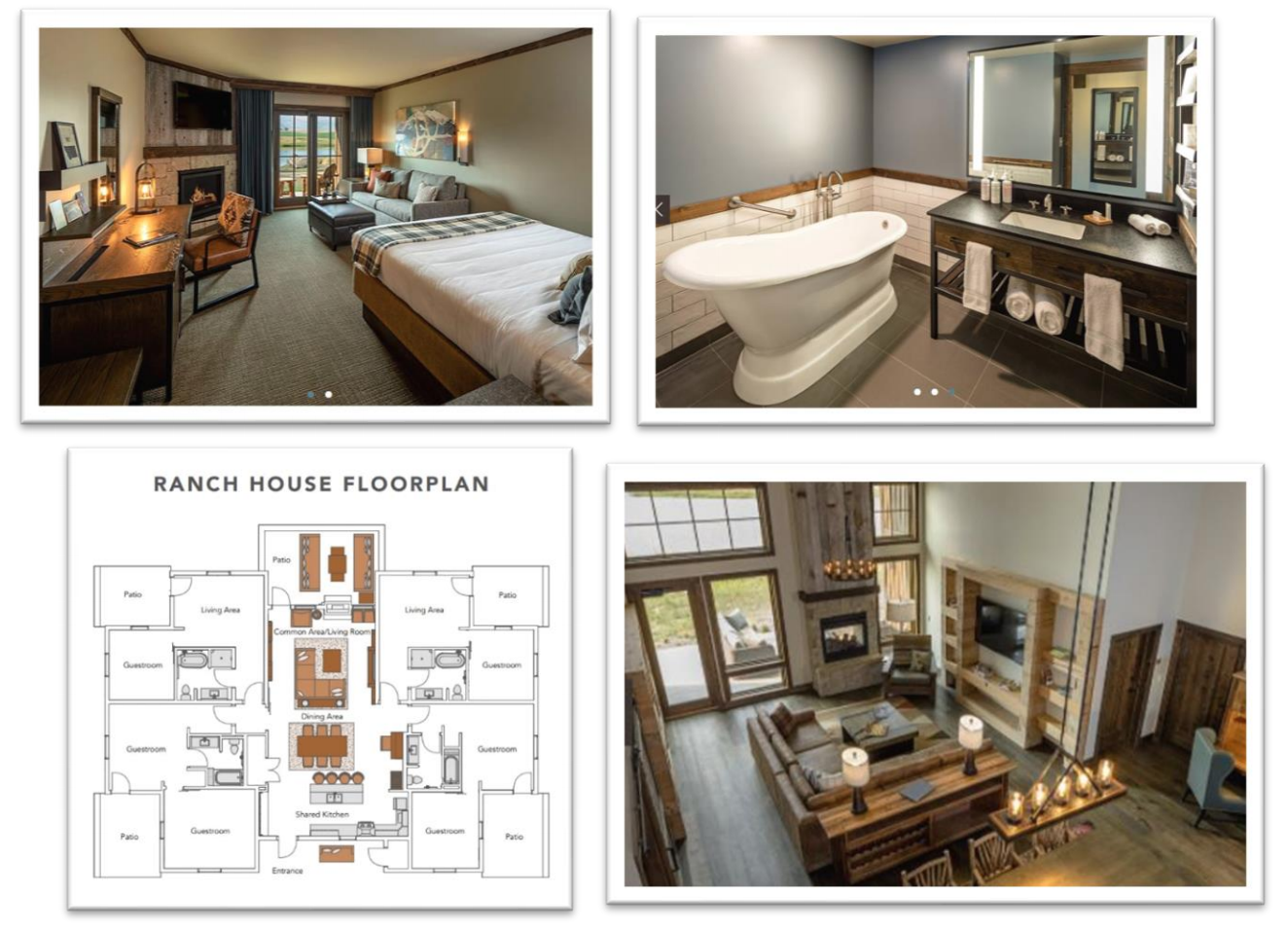 A collage of four pictures of a ranch house floorplan