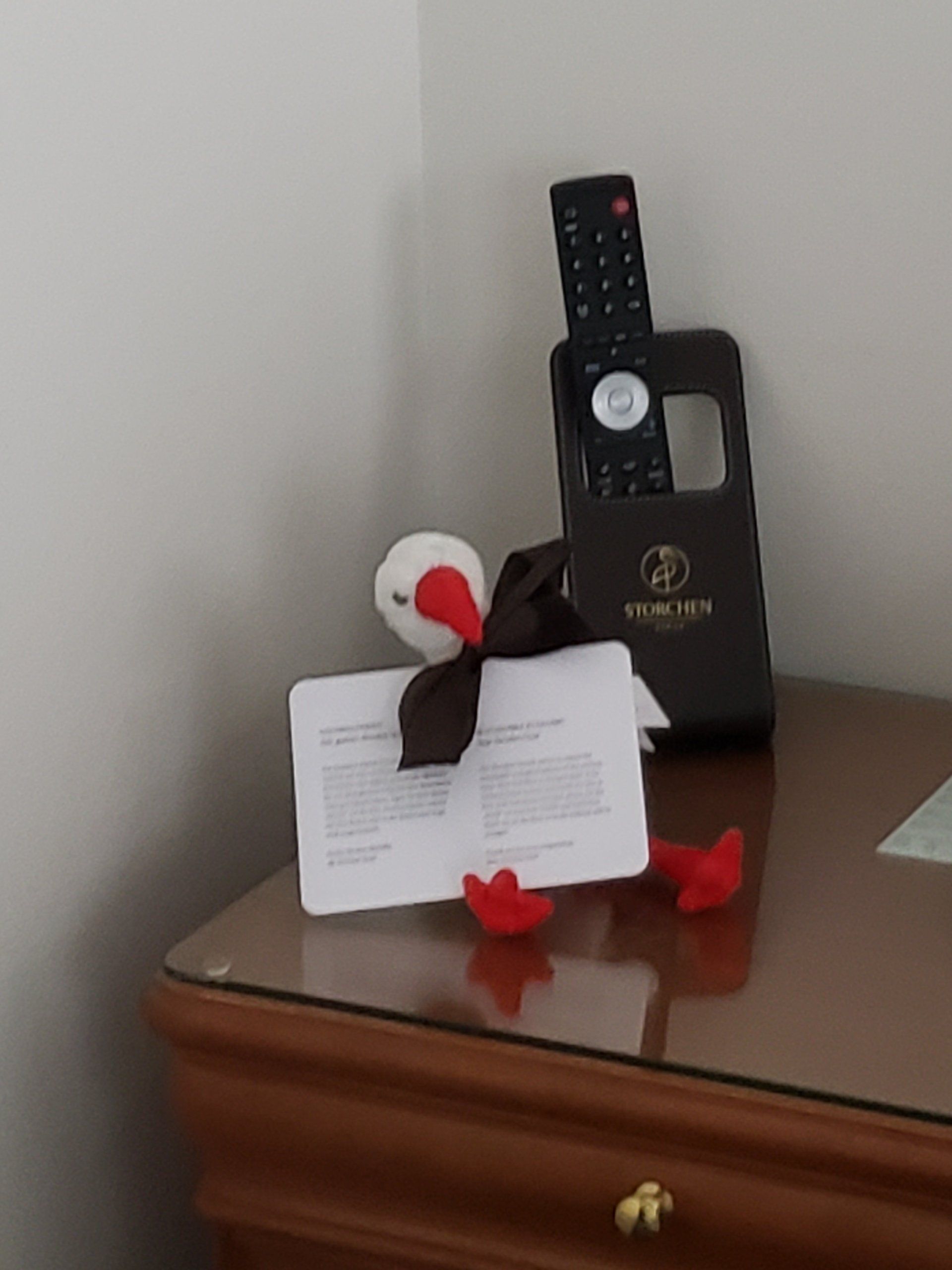 A stuffed duck sits on a table next to a remote control