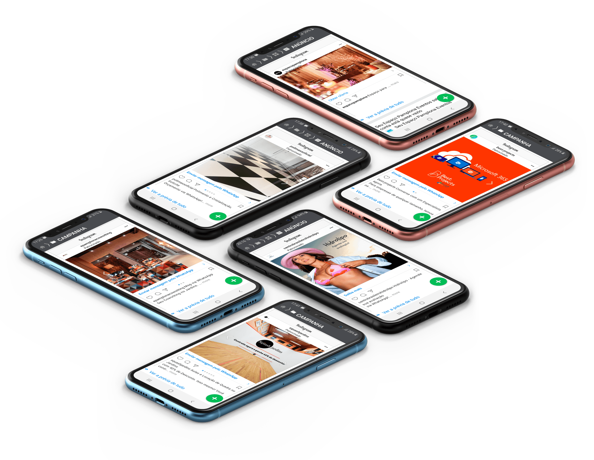 Um grupo de smartphones está empilhado uns sobre os outros em um fundo branco.
