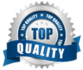 A top quality seal with a blue ribbon around it.