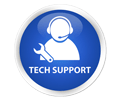 A blue tech support button with a man wearing headphones and holding a wrench.