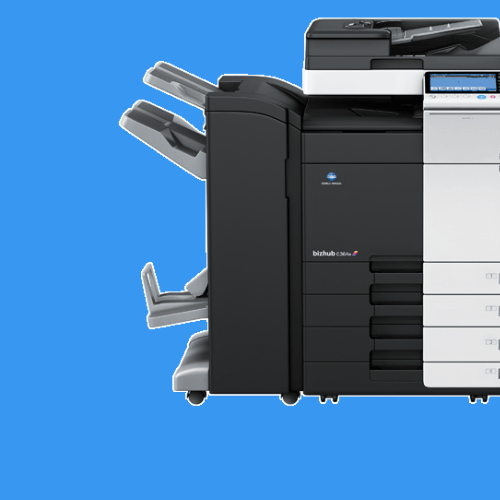 A black and white printer is on a blue background
