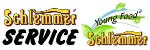 Logos für „Schlemmer Service“ und „Young Food Schlemmer“. Beide Logos sind in den Farben Gelb, Braun und Grün gehalten.