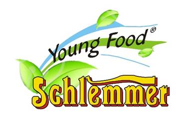 Logo: Schriftzug „Young Food Schlemmer“ mit Blättern und blauen und grünen Schnörkeln.