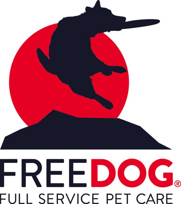 The logo for freedog full service pet care shows a dog jumping in the air