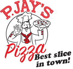 P. Jay's Pizza logo: chef holding pizza, red 