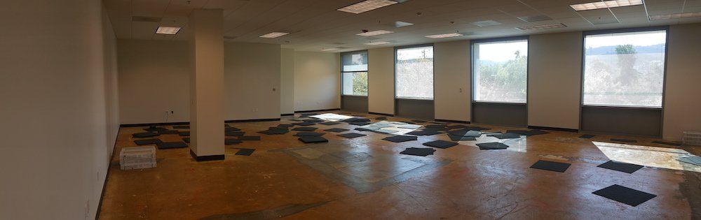 An empty room with a wooden floor and a lot of windows.