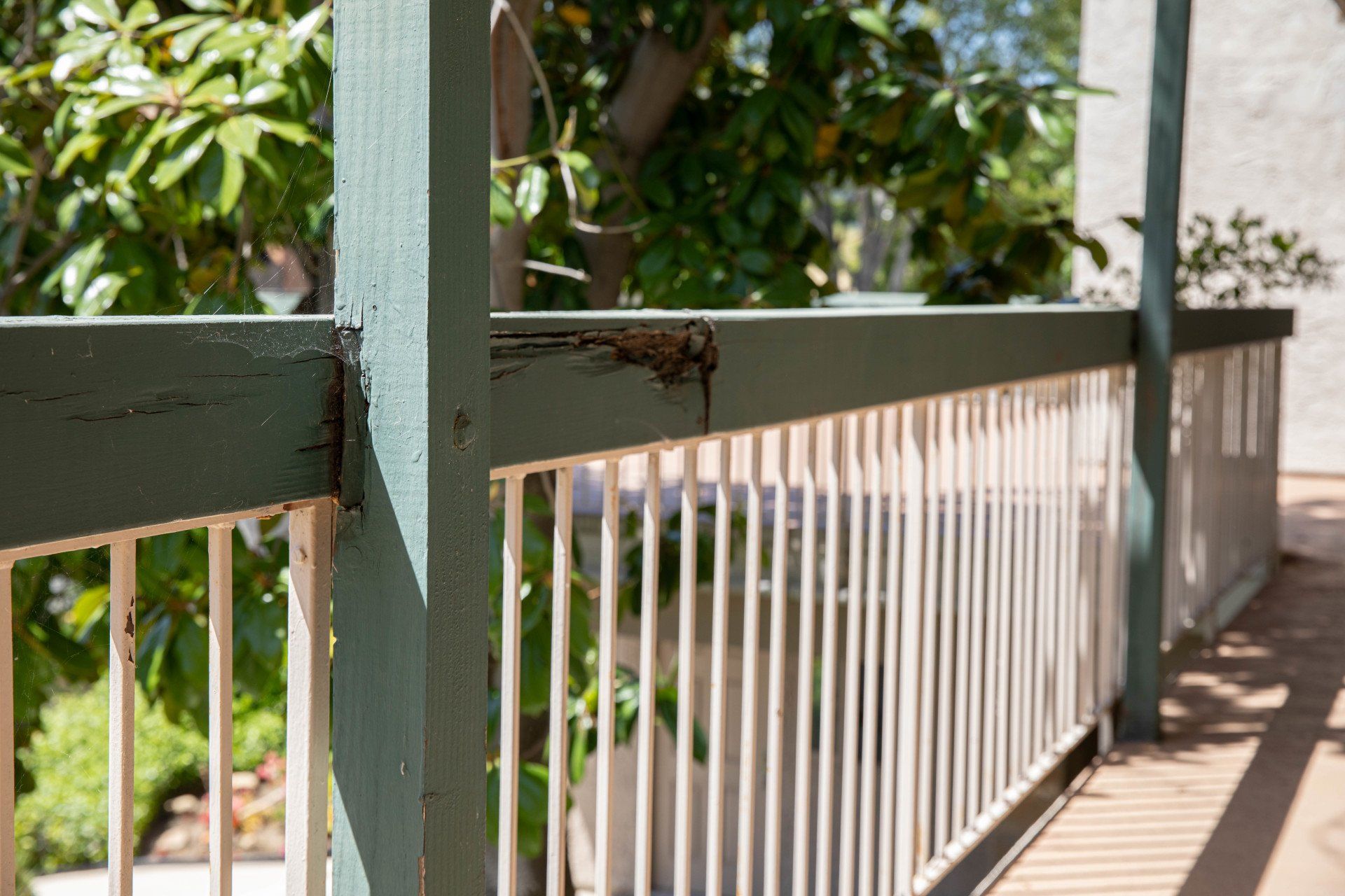 A green and white railing with a tree in the background