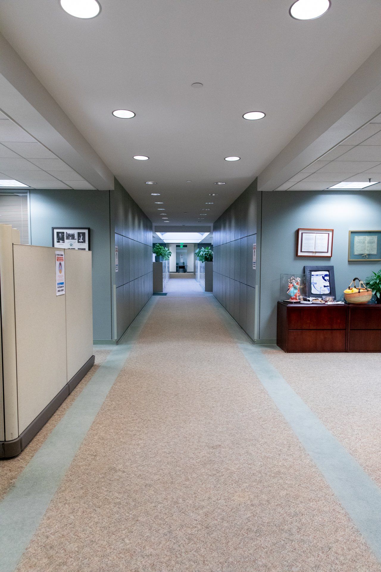 A long hallway with a carpeted floor in an office building