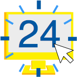 A computer screen with the number 24 and a mouse cursor, surrounded by blue clock hands; yellow frame.