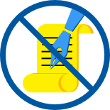 Sign: a blue circle with a line through it, over a yellow paper scroll being written on by a blue pen.