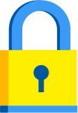 Yellow padlock with a blue U-shaped handle, signifying security and protection.