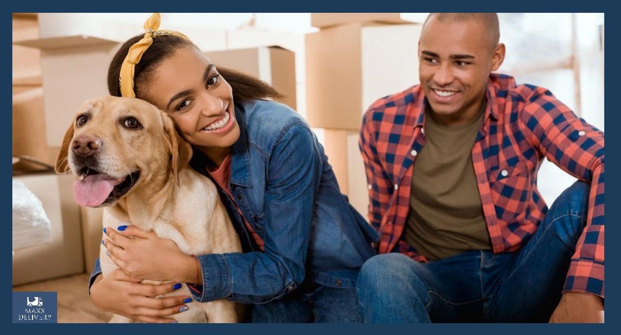 Family Moving day. Moving Boxes everywhere and hugging dog
