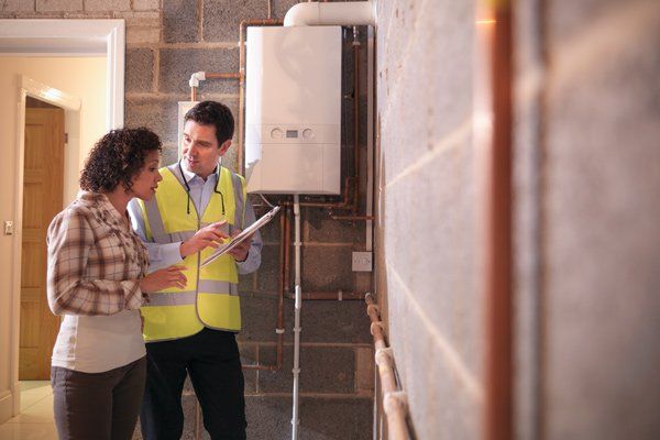 man showing woman her water heater problems