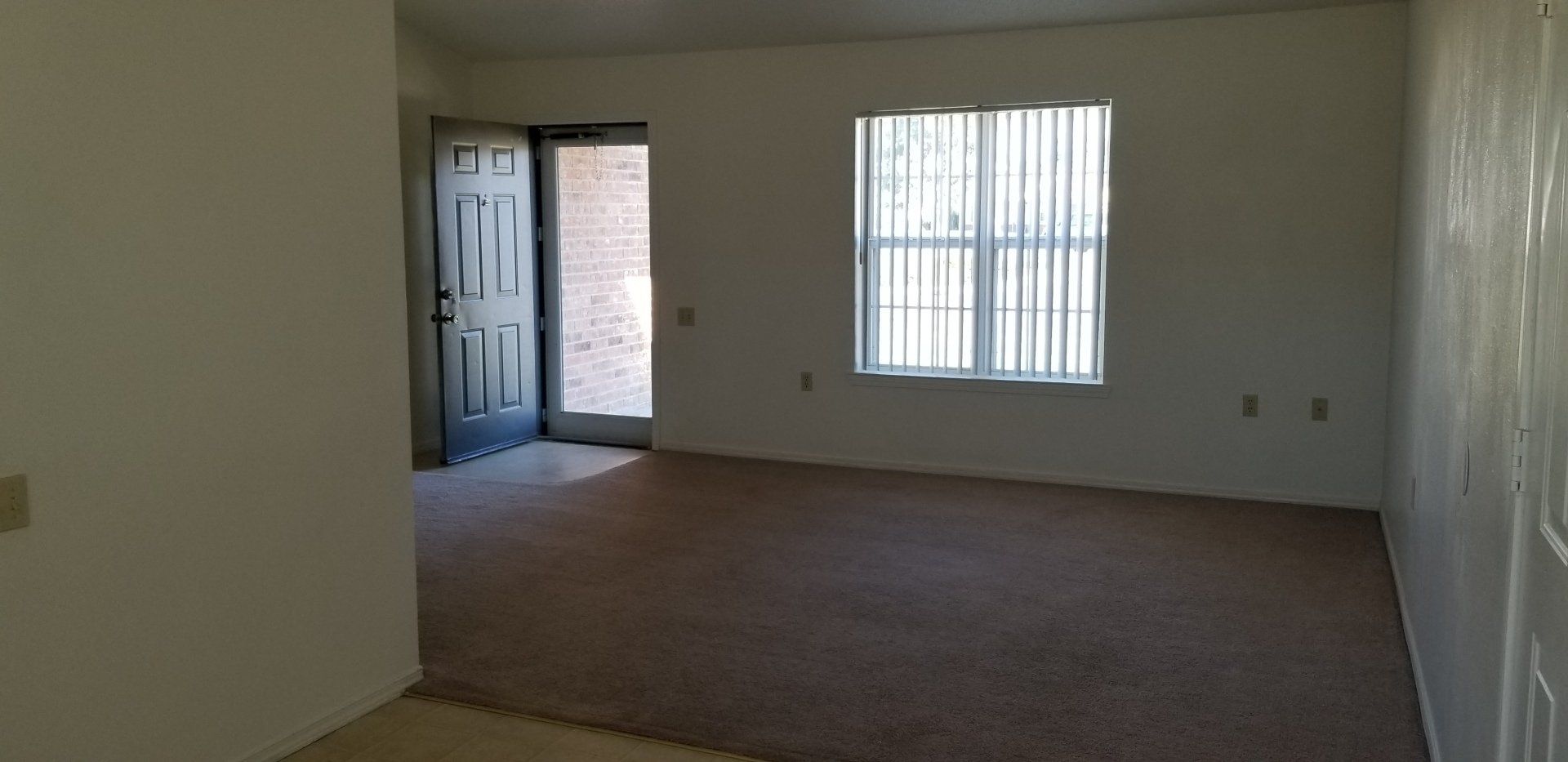 Interior of front door with window and carpeted front room