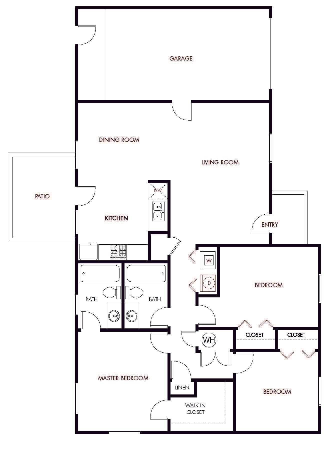 Three bedroom two bathroom one level floor plan