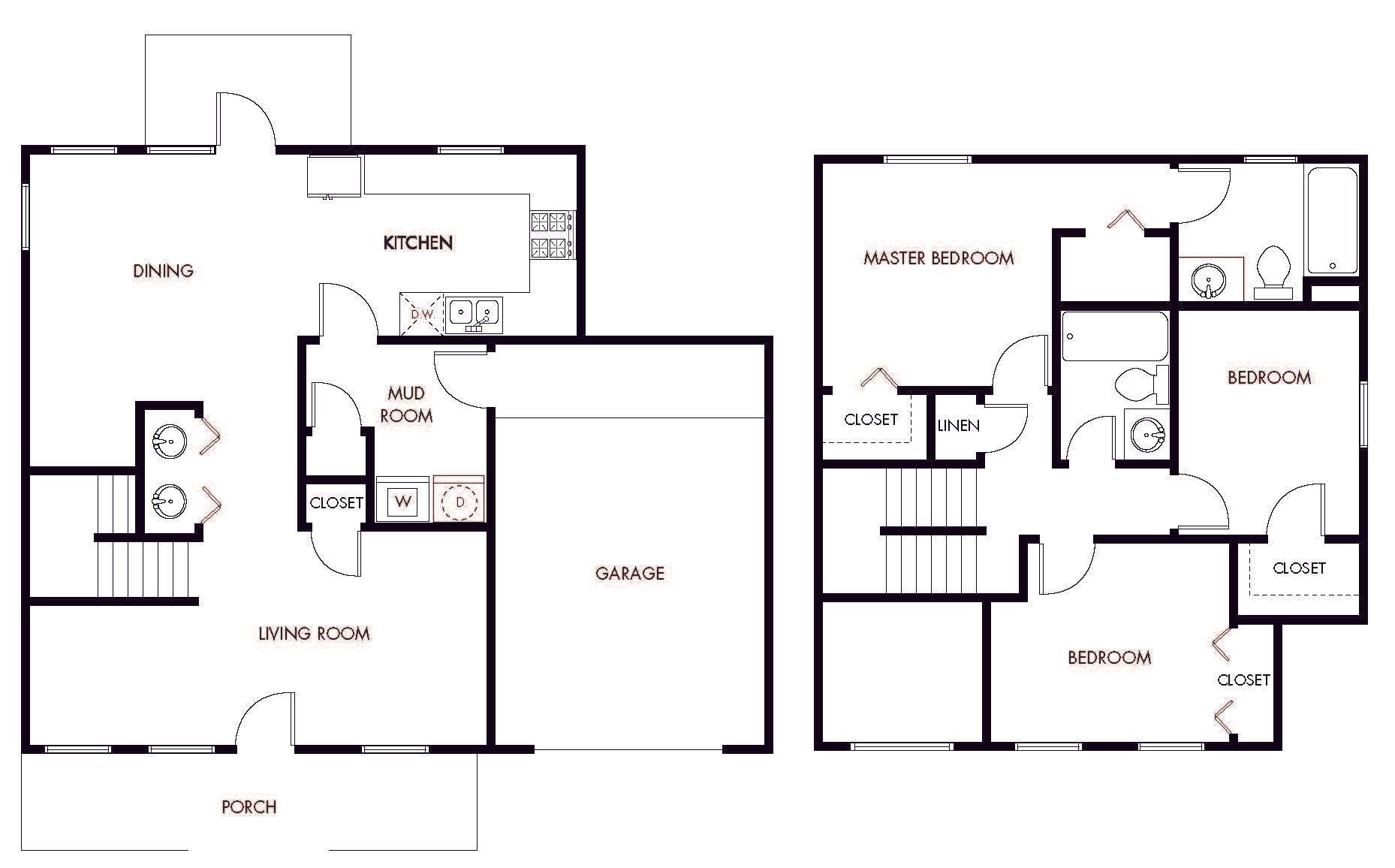 Three bedroom two bathroom two level floor plan