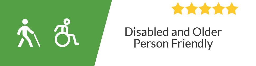 A disabled and older person friendly sign with a five star rating.