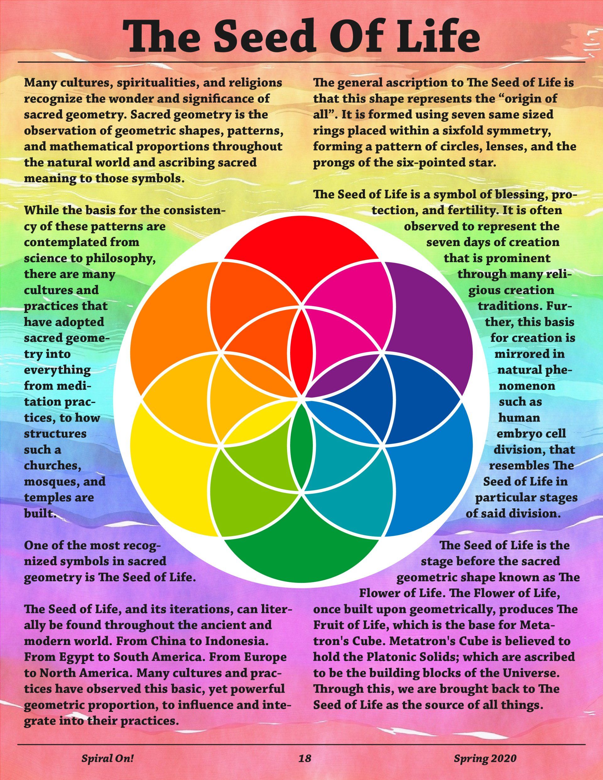 A poster that says the seed of life on it, Spring 2020 magazine.