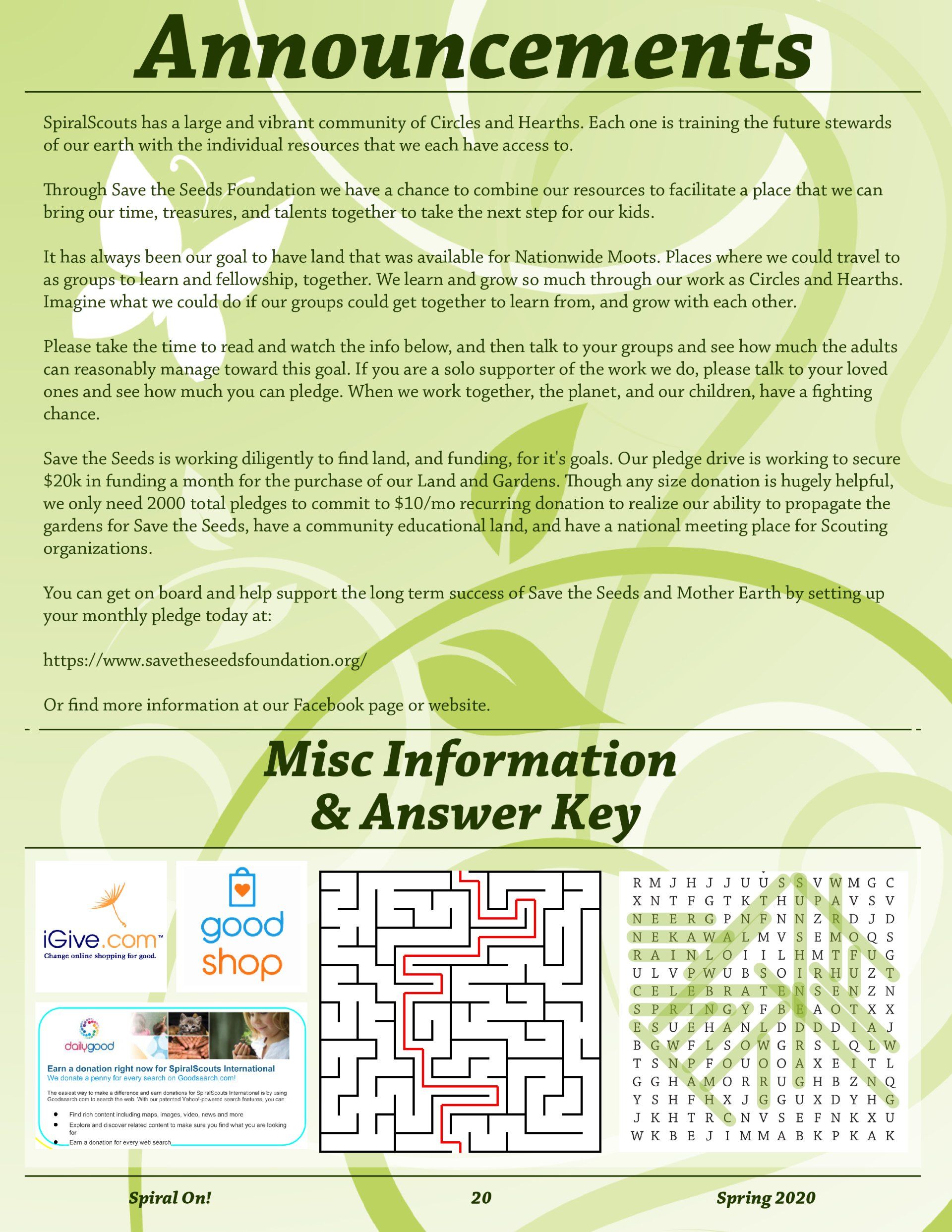 A page that says announcements misc information and answer key, Spring 2020 magazine.