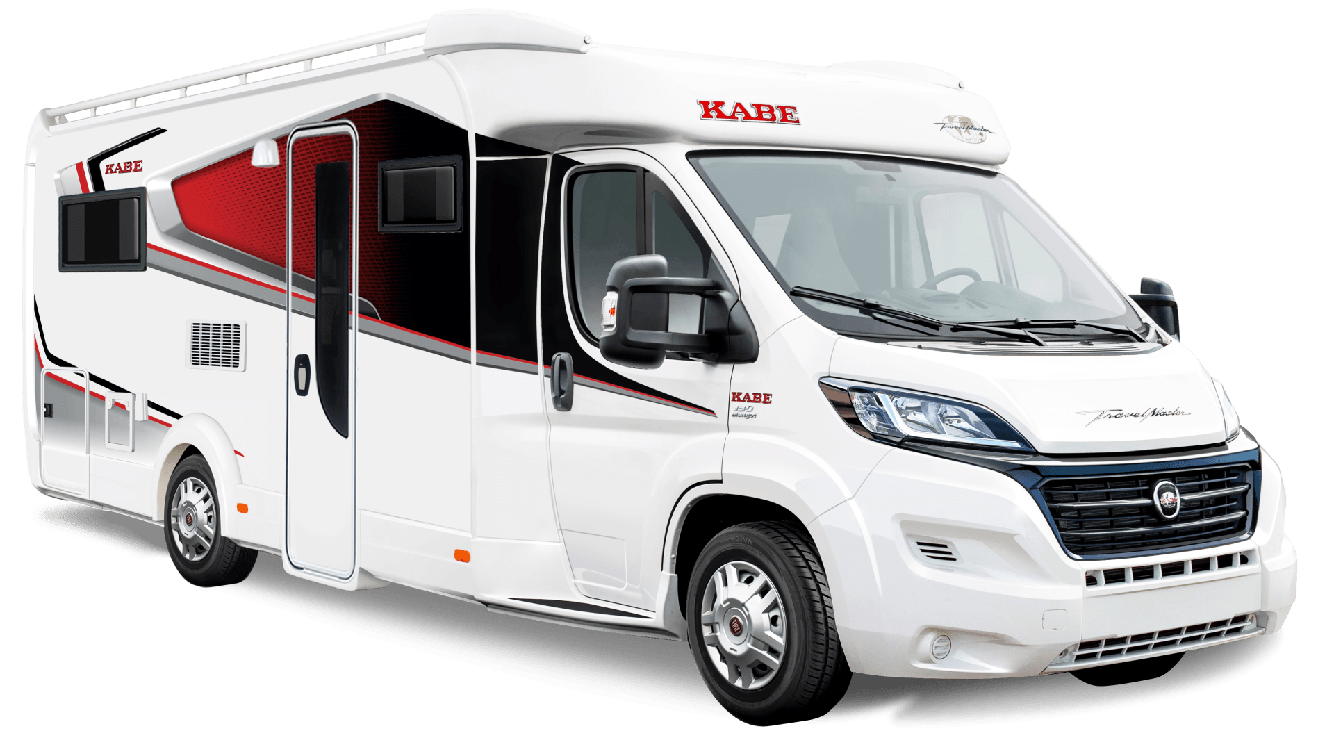 White and red recreational vehicle parked, front angled towards the viewer.