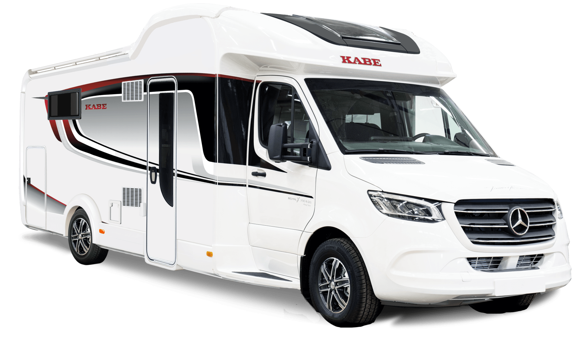 White and black recreational vehicle with Mercedes-Benz logo, parked outside.