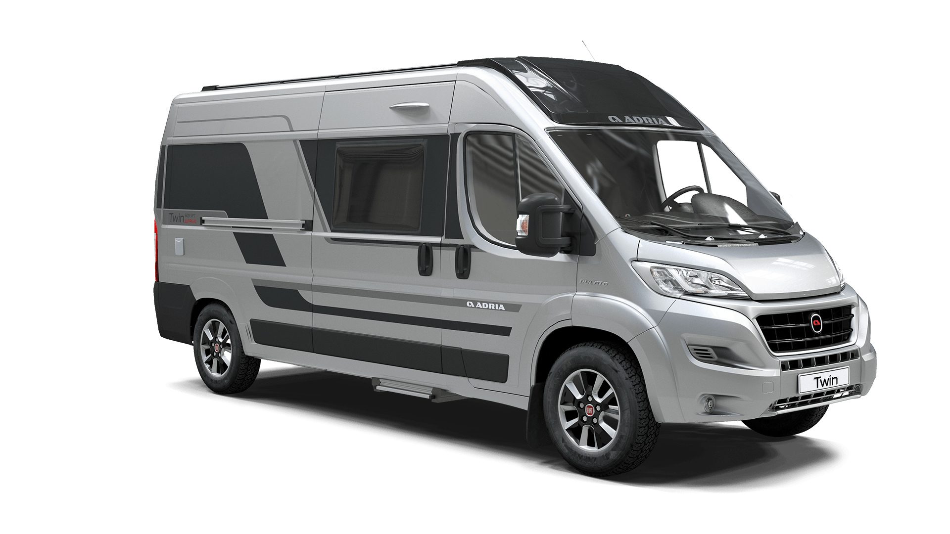Silver and gray campervan with black accents parked on a white background.