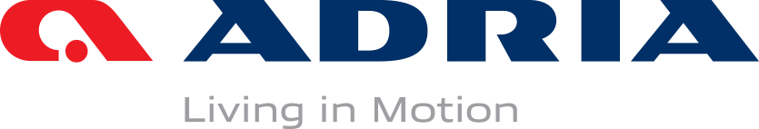 Logo of Adria, blue text and a red design element on the left side, with