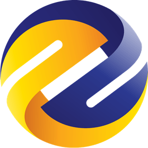 Abstract logo: yellow and blue interwoven shapes forming a stylized
